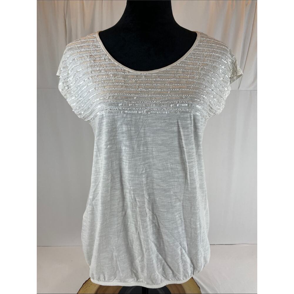LOFT Sequin Ruched Cap Sleeve Top White Medium M Coastal Glam Summer